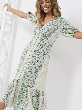 Miss Selfridge Green and Yellow Patchwork Floral Maxi Dress Size 6